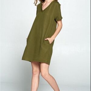 NWT Ellison Olive Green V-Neck Linen Blend Dress Coastal Pockets Above knee Sz M